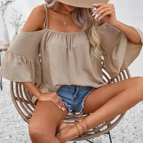 Cold Shoulder Ruffle Hem Solid Blouse khaki - Picture 4 of 5